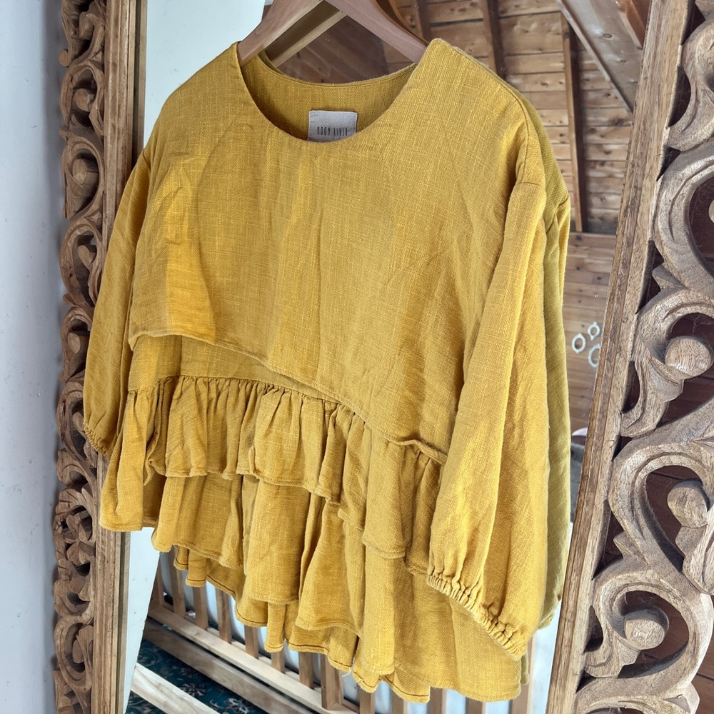 Linen Anthropologie x Moon River Mustard Ruffled Blouse - Picture 2 of 6